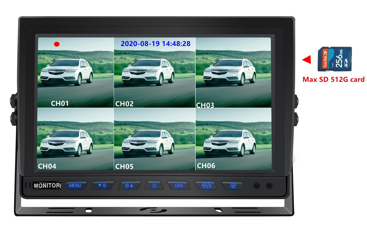 10 hüvelykes hátsó monitor SD-kártyás rögzítéssel 8 kamera támogatása