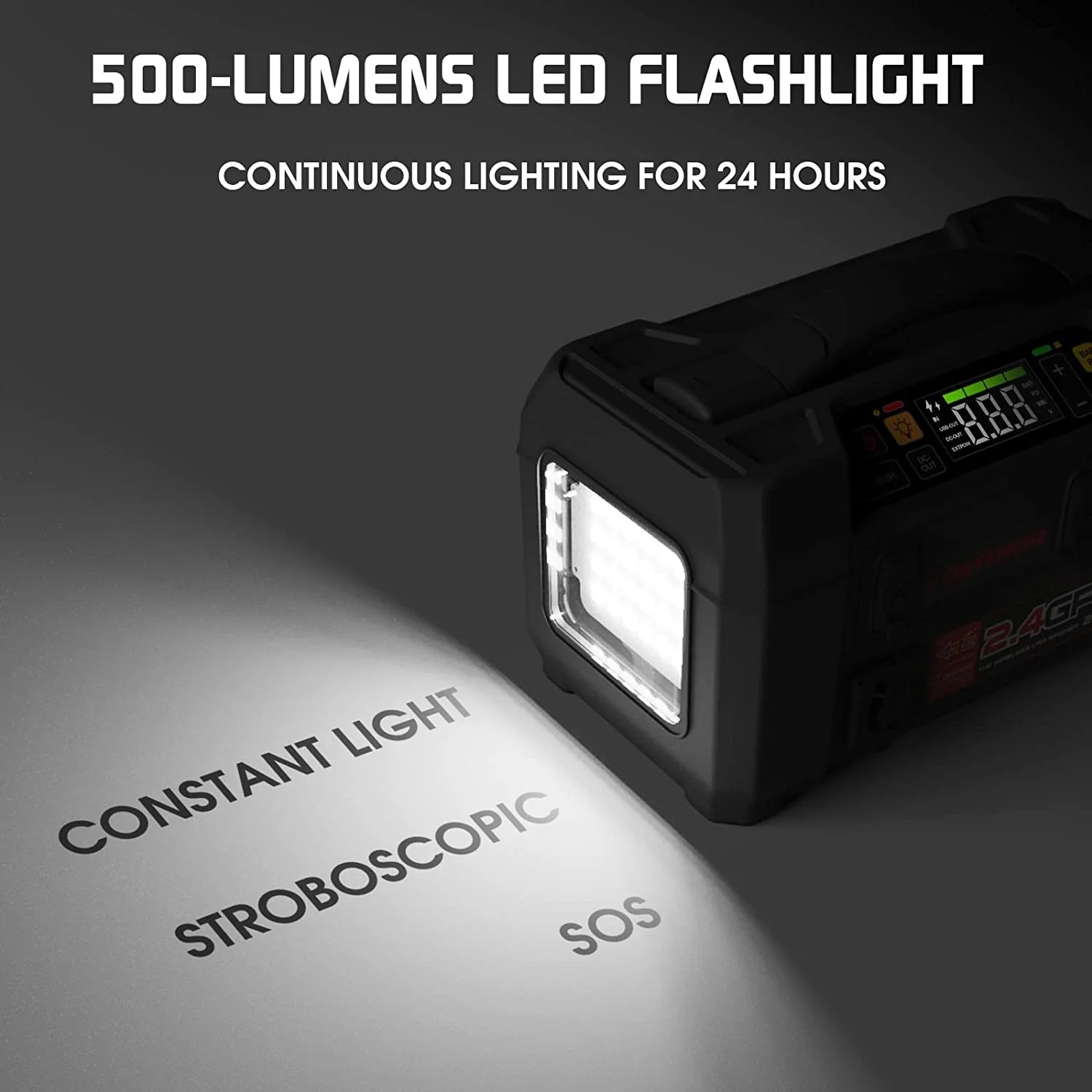 autóindító 500 lumen LED zseblámpa + kompresszor és power bank