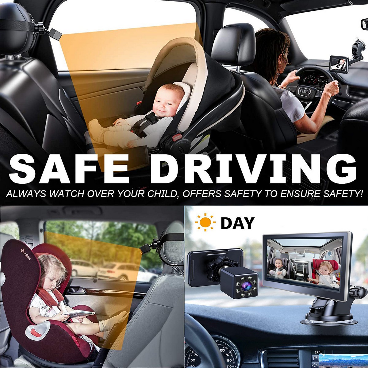 gyerekek megfigyelése az autóban IR kamera készlet monitorral