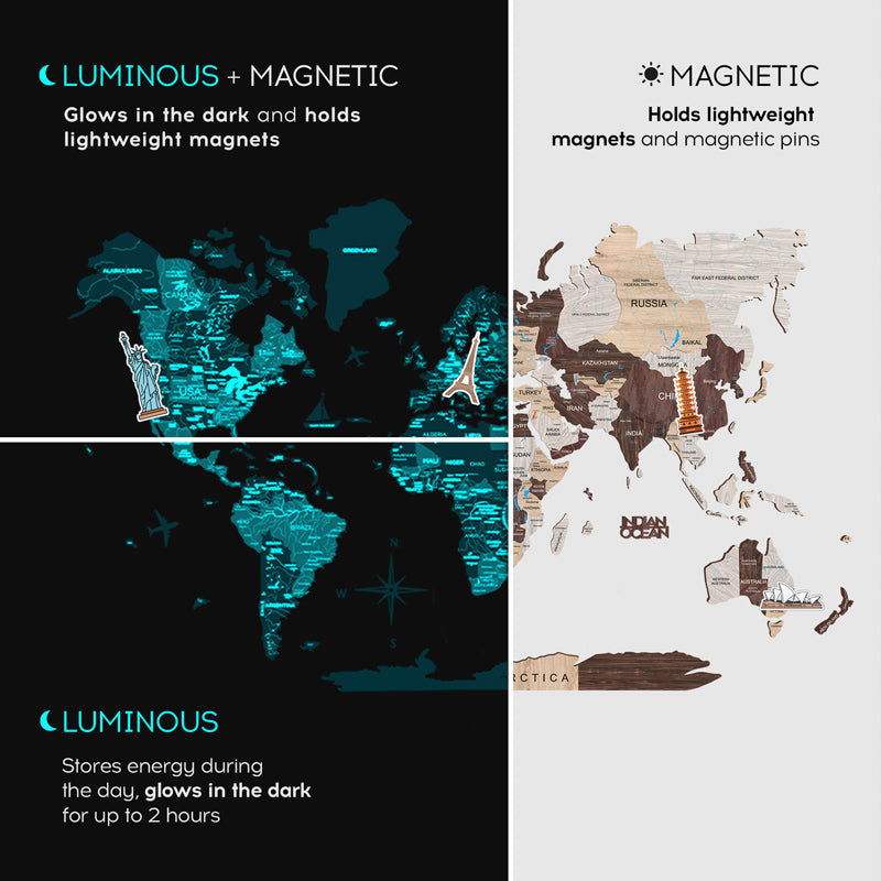 mágneses fa fali térképek 3d fluoreszkáló