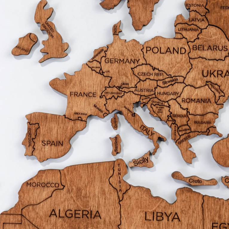 Fából készült világtérkép színes tölgy - kontinensek