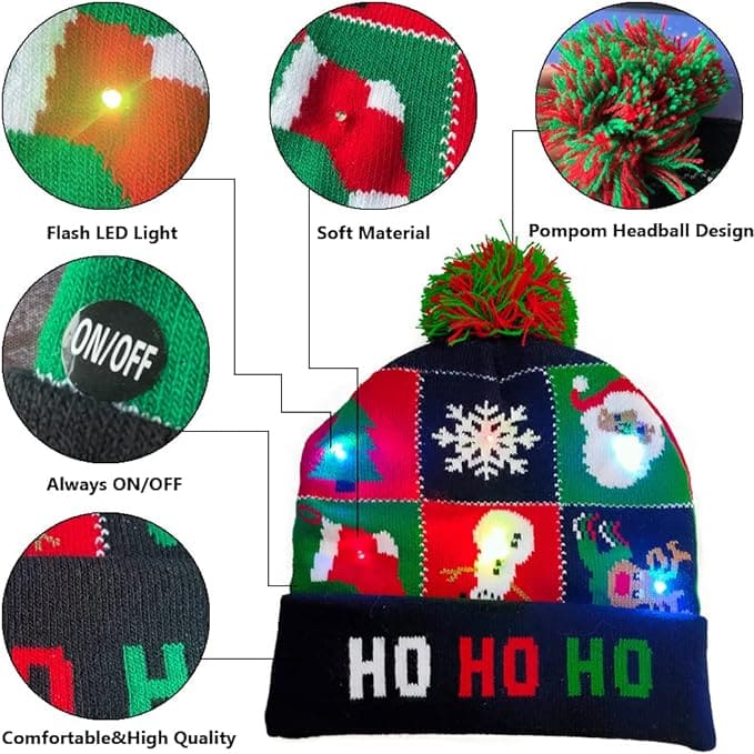 téli kalapok karácsonyra pom-pommal és izzó LED-ekkel