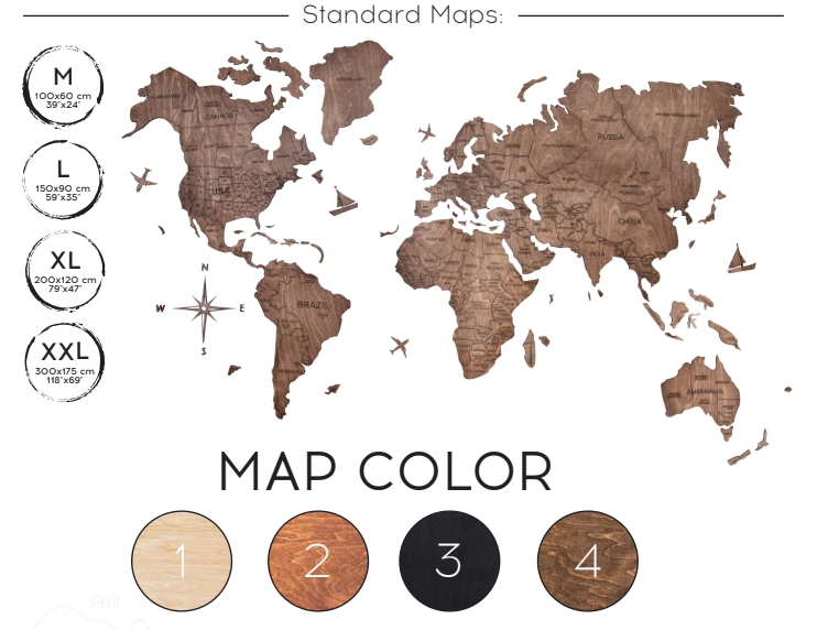A világ könnyű fa XL méretű utazási térképe