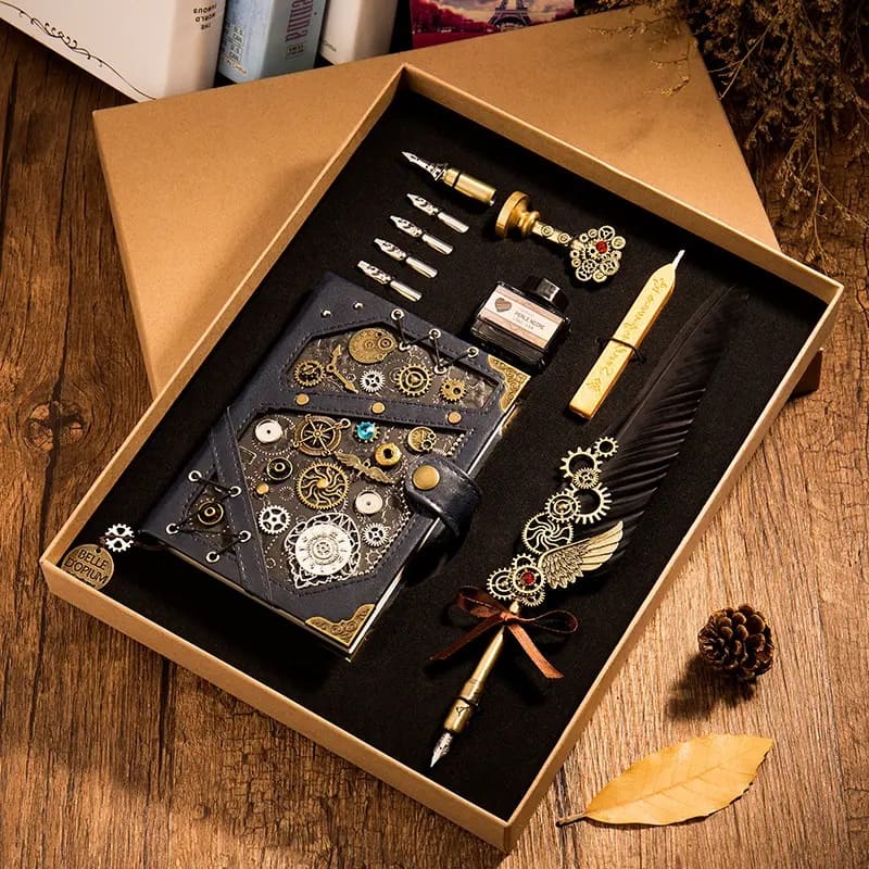 Steampunk jegyzetfüzet + tollas tollmártás - exkluzív luxus ajándék tollkészlet
