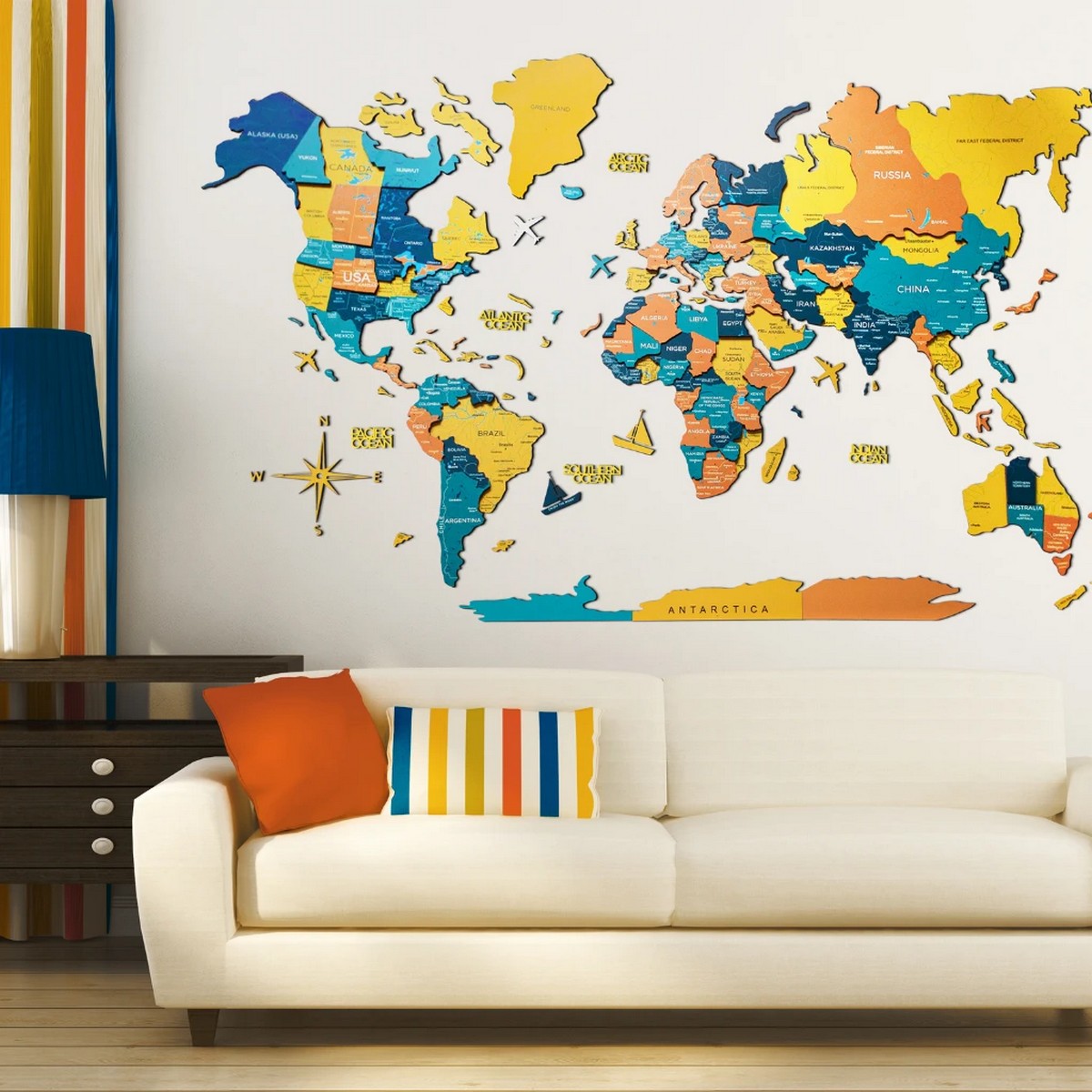 színes térkép a fából készült fal 3d